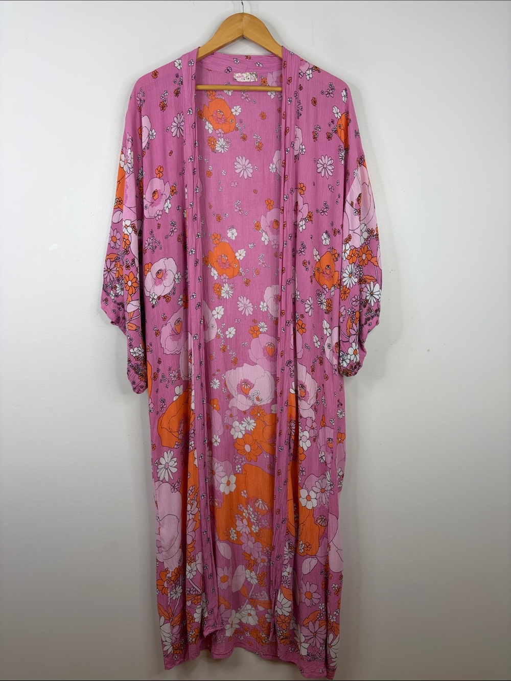 Free People Kimono Womens One Size Pink Orange Retro Floral Hidden Hills Maxi